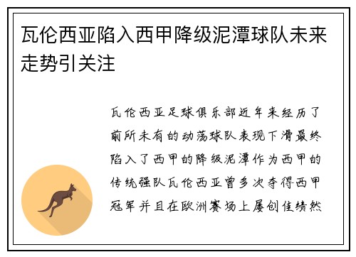 瓦伦西亚陷入西甲降级泥潭球队未来走势引关注